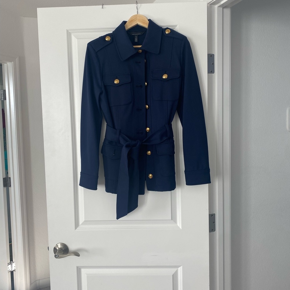 White House Black Market Dark Blue Utility Jacket with Gold Buttons with pants